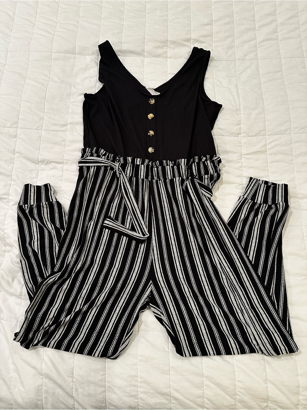 Black & White Striped Sleeveless Jumpsuit with Button Bodice